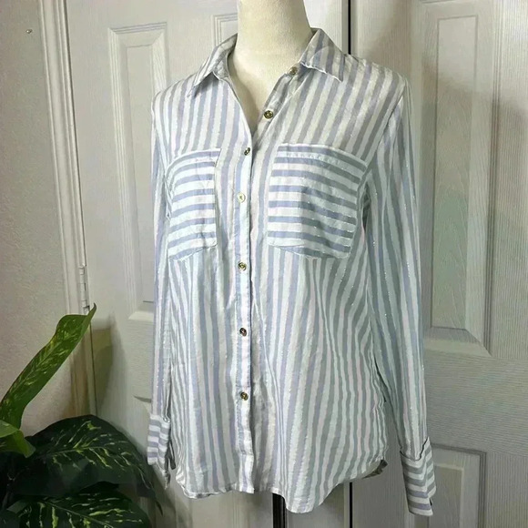 MICHAEL KORS Medium Shirt Striped Button Up Collared Long Sleeve - Picture 1 of 11